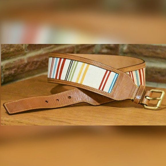 BALLY Stripe Canvas Leather Wide Waist Belt 34 - Picture 2 of 8